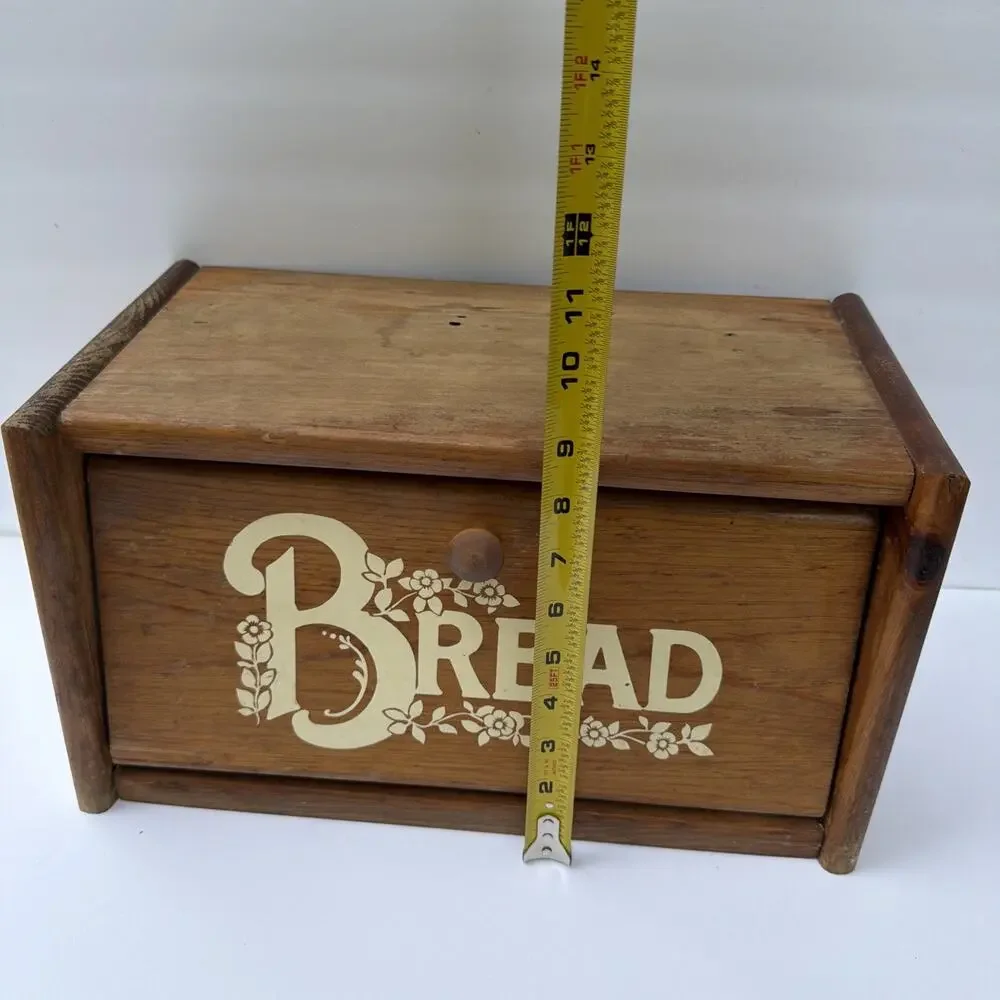Wooden Bread Box MCM Oak Finish Decorative Bread Letters & Flowers Vintage Gift